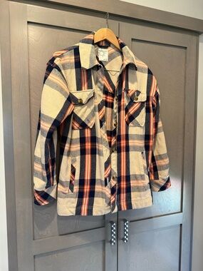 aerie Plaid Utility Jacket in Cream, Navy & Orange